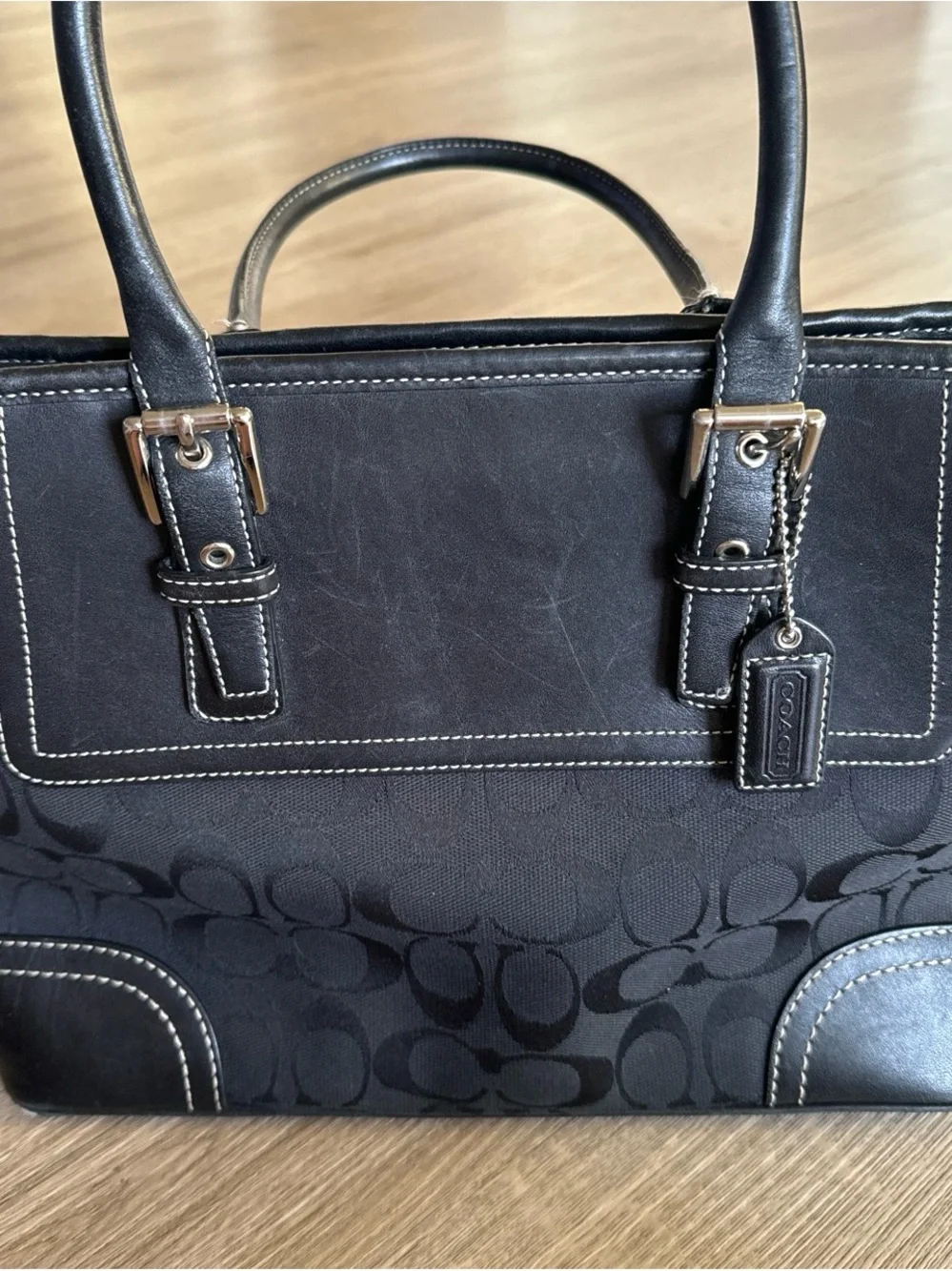 Coach Black Signature Satchel with Leather Trim and Top Handles